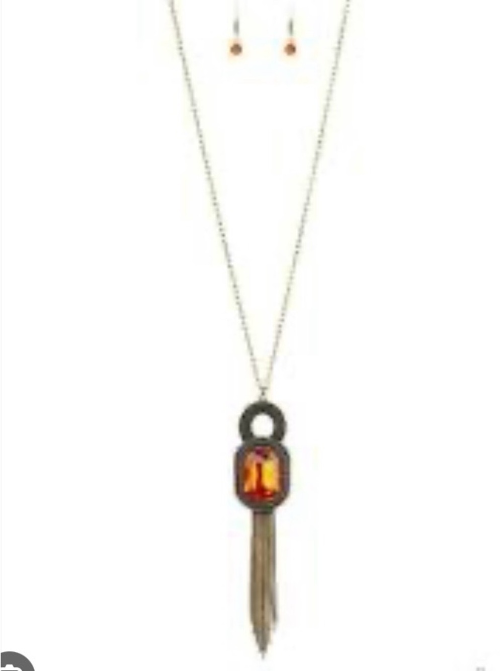 paparazzi Gold-Tone Amber Pendant Necklace with Dangle Tassel and Matching Studs